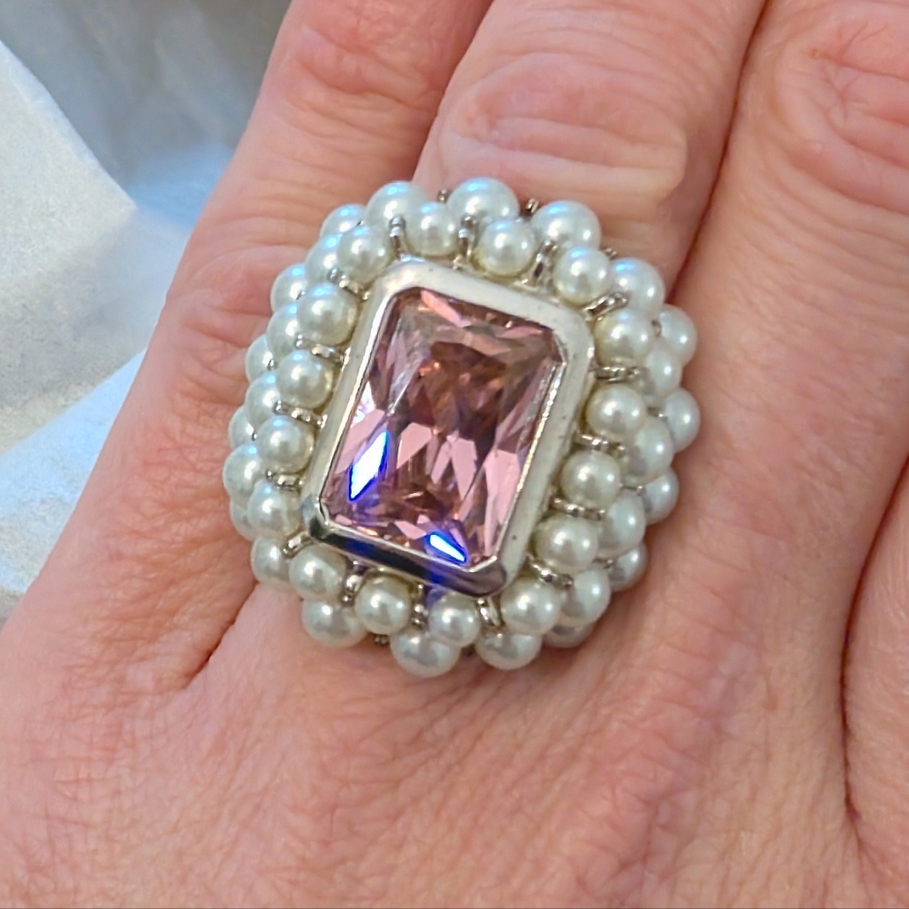 Vintage Y2K Oversized Sterling Silver Pearl Cocktail Ring- Size 5